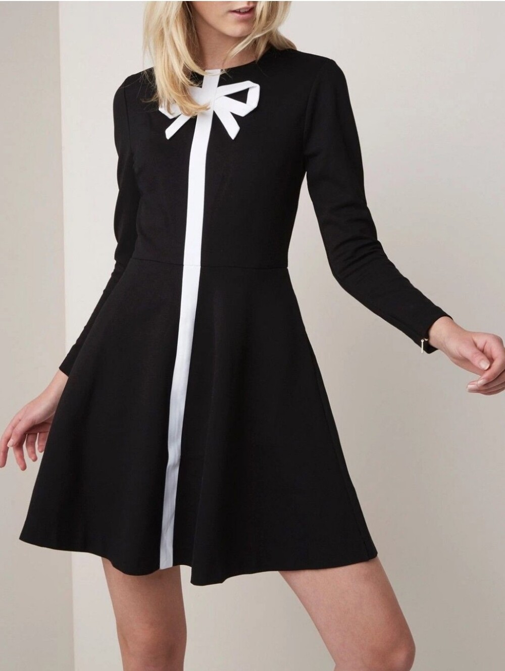 Ted Baker Gilleen Black White Bow Fit Flare Dress Ted 4 US 10 Long Sleeve